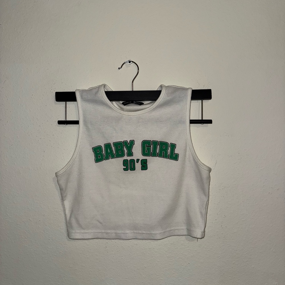 White Sleeveless Top with Green Print